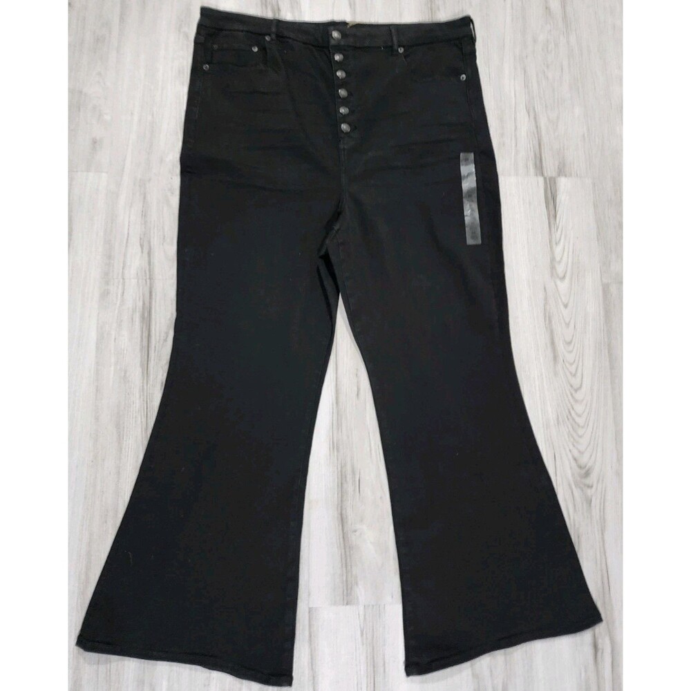 American Eagle Flare Jeans Plus Size 24 Black Denim Button Front Hi Rise Curvy